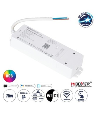 GloboStar® 71439 WL3-P75V24 Mi-BOXER DC Smart Wifi & RF 2.4Ghz & Push Dimming Power Supply Τροφοδοτικό SELV & Controller - Dimmer All in One 3 Καναλιών AC100-240V σε DC 24V 3 x 0.6A 14.4W - Max 3A 75W - IP20 RGB Μ19 x Π5.5 x Υ3.2cm - 5 Years Warranty